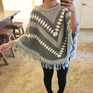 Grey fringe boho poncho